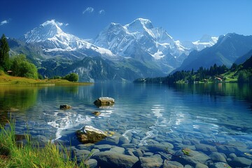 Sticker - a view of the snow capped mountains from a lake with rocks in front