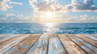 Beyond the empty wooden table, you can see a shining summer seascape with reflected sunlight and a sky with clouds. Summer sea background. Generative AI