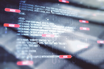 Wall Mural - multi exposure of abstract graphic coding sketch on abstract metal background, big data and networki