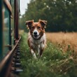 AI generated illustration of a dog running on train tracks beside a field