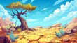 Canyon desert landscape with baobab tree and cacti. Cartoon illustration of rocky stones, sandy ground with cracks, exotic plants, wild blue sky with clouds.