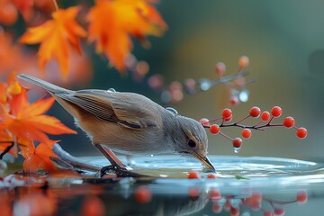 Poster - AI generated illustration of a bird perched on branch sips from shallow water