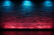 Red and blue neon lights on brick wall background. 3d rendering