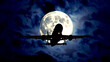 AI generated illustration of an airplane departing airport with moon in background