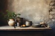 Vintage crockery and utensils on rustic background