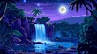 A tropical landscape with cascading waterfalls in a jungle, under a night sky of stars and a full moon. Dark cartoon background with river water flowing along a rock cliff.