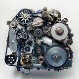 Fototapeta  - Detailed view of a car engine showcasing various mechanical parts and intricate design.