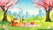 Under trees with pink blossom, a picnic setup with basket, fruit, and a bottle of wine on cloth in a public city park is seen. Cartoon modern spring urban landscape with food for a lunch break