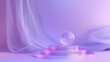 © Mark - Iridescent cylinder stair podium with glass decorative sphere on abstract pastel gradient purple background. 3D metal showcase platform with holographic effect.