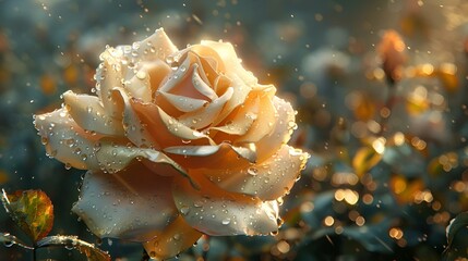 Poster - Close-up of a rose covered in water droplets, standing out in a field, AI-generated.