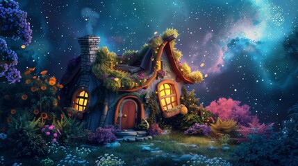 Sticker - The landscape of a summer village at night, including a gnome home window illuminated with mystery light, showing a starry sky and full moon. At midnight, a fairytale cottage is framed by the dark of