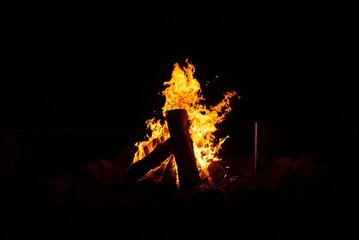 Closeup of a campfire burning in the darkness of the night