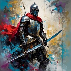 Poster - AI generated illustration of a knight in helmet and sword in front of blue painting