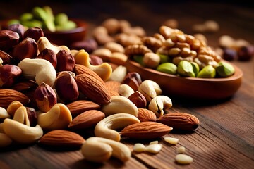 Wall Mural - Mix of nuts on wooden background
