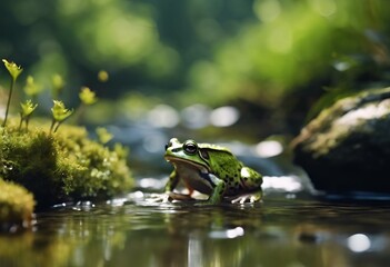 Wall Mural - a small frog sitting on top of moss covered rocks in the water