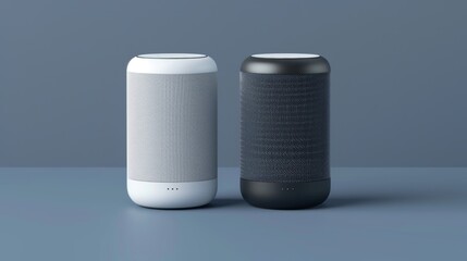 Isolated blue gray background with two Bluetooth speakers or home intelligent voice assistants connected and activated