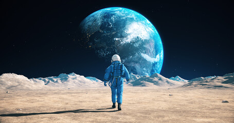 Wall Mural - astronaut walking on the moon. blue planet earth visible. space exploration. lunar station.