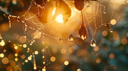 closeup of spider web on branches with rain droplets hanging