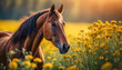 Brown horse in field with yellow flowers. Farm or wild animal. Blurred natural backdrop.