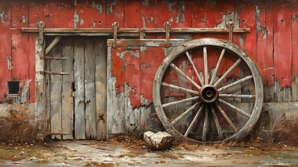 Wall Mural - a rusty wheel sitting outside a barn door and a house