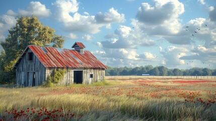 Wall Mural - a barn sitting in the middle of a field of tall grass