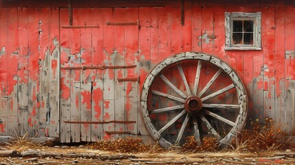 the front of a barn with a large wheel next to it