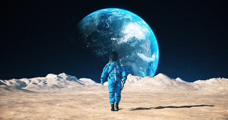 Wall Mural - brave astronaut walking on the surface of the moon among craters. planet earth is visible in sky.