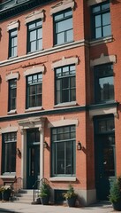 Poster - the outside of a building with three story windows and a bench outside