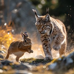 Sticker - AI generated illustration of a lynx hunting a rabbit