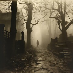 Poster - a person walking in a path in the mist and trees