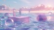 A surreal seascape and glass podium scene design with a floating cube stage and crystal balls flying around.