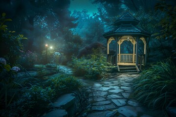 Wall Mural - the gazebo is illuminated by a lantern on a dark night