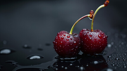 Wall Mural - water drops on red cherries on a black background