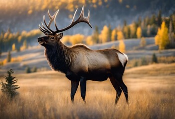 Wall Mural - a elk is in the field near trees and hills of yellow