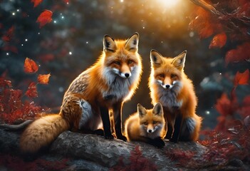 Poster - three red foxes sitting on top of a log in the woods