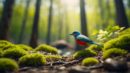 blue andred small bird in forest