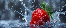 Red Strawberries Are Thrown In Water Onto The Ground, With Bubbles