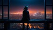 © Leon K - A pretty young girl sitting on a ledge looking at the night futuristic city. Retrofuturism art woman model photography illustration. Beautiful neon lights and deep shadows.