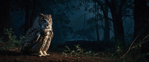 Canvas Print - a owl sitting on top of a pile of dirt under some trees