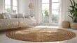 3D rendered natural braided oval beige jute carpet, perfect for rustic or Scandinavian decor styles