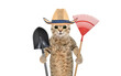 Portrait of a cat in a straw hat with a garden tool in his hands isolated on a white background