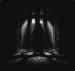 Poster - a man standing in a dark room with light streaming through it