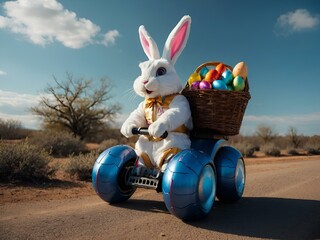 Wall Mural - AI generated illustration of an Easter bunny carrying eggs on a motorcycle ride