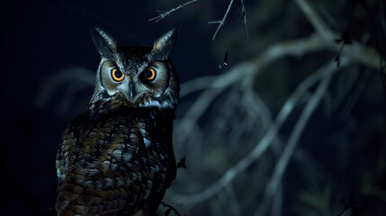 Canvas Print - AI generated illustration of an owl perched on branch at night