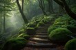 AI generated illustration of a winding stairway ascends into a lush green forest trail