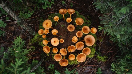 Poster - Whimsical mushrooms in circle, forest floor, close-up, bird's-eye view, fairy ring, dawn light 