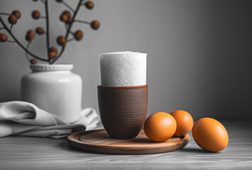 Wall Mural - AI generated illustration of eggs and a napkin on a table, beside a bowl of fresh, ripe fruit