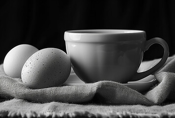 Poster - AI generated illustration of eggs beside a cluster of chicken eggs on a rustic tablecloth