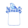 Label with space for copying text, decorated with blue flowers and a bird. Hand drawn watercolor painting on white background