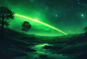 Wall Mural - an auroral display above some water with trees on one side and a hill at